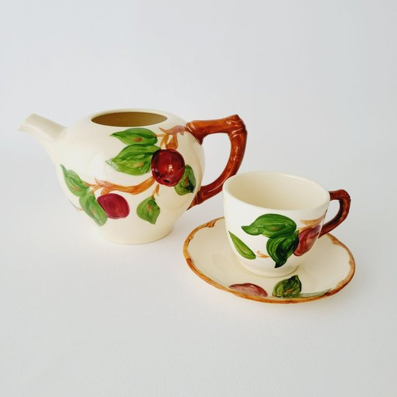 Vintage Franciscan Apple Teapot NO LID, Teacup & Saucer c1953-58 USA Fruit Decor - Picture 1 of 15